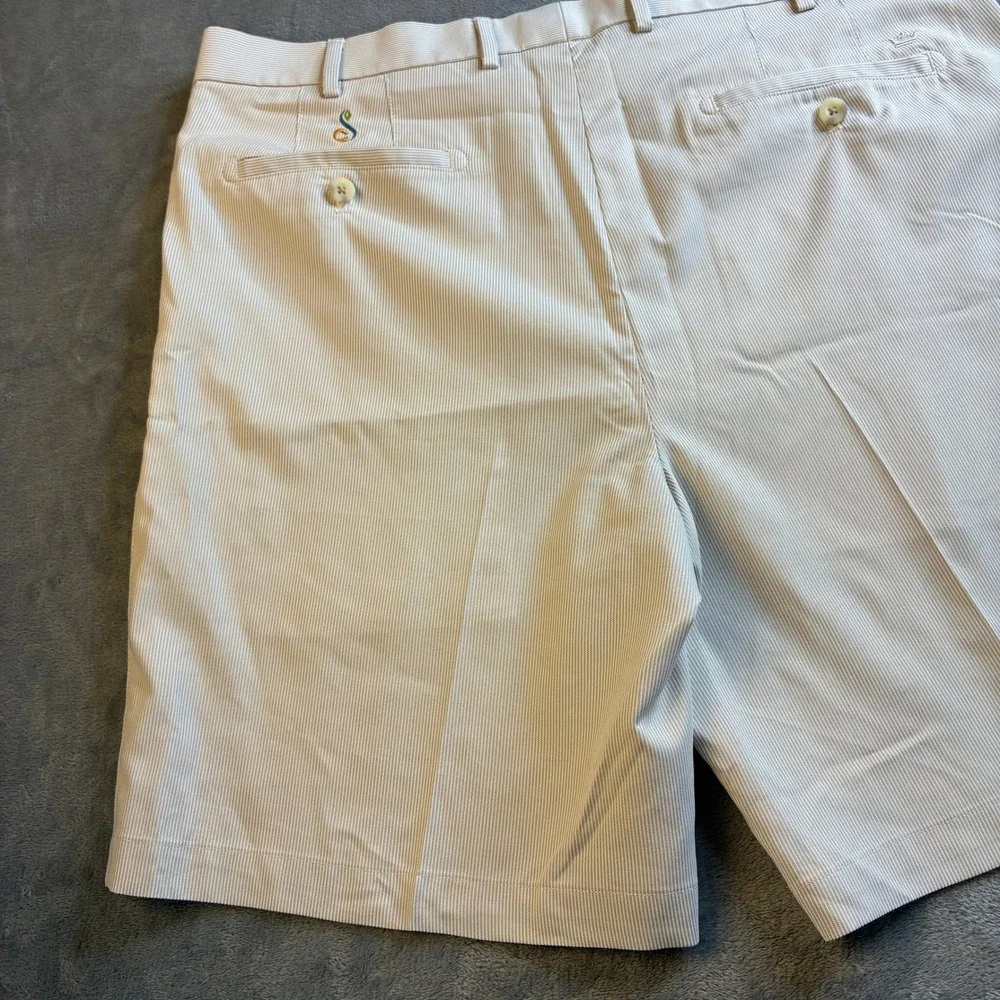 Peter Millar Mens 36 Crown Sport Wicking Golf Shorts Tan White Micro Stripe 9in